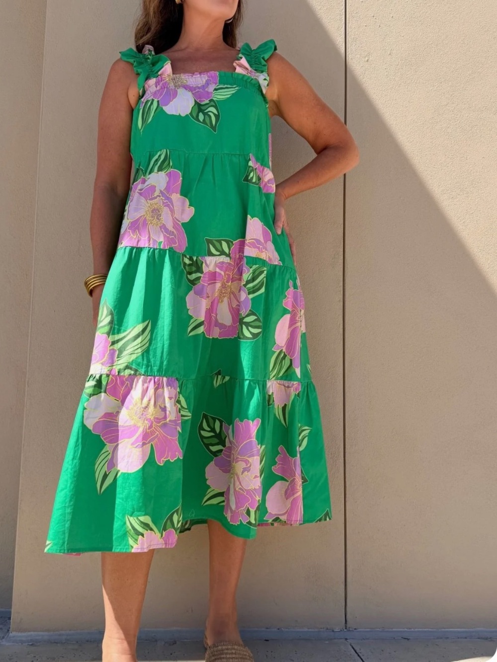 THML Green Floral flutter shoulder  Maxi Dress - Medium